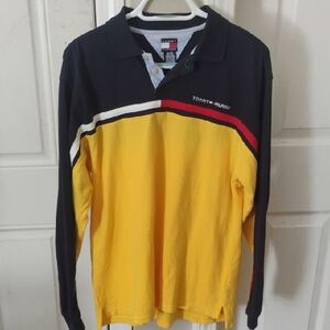 Vintage Tommy Hilfiger Men's Navy and Yellow Long Sleeve Polo Size XL